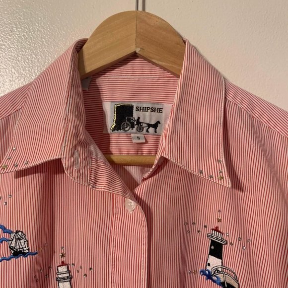 SHIPSHE Pinstripe Lighthouse Patches Longlsleeve Collared Shirt Sz S - Picture 2 of 8